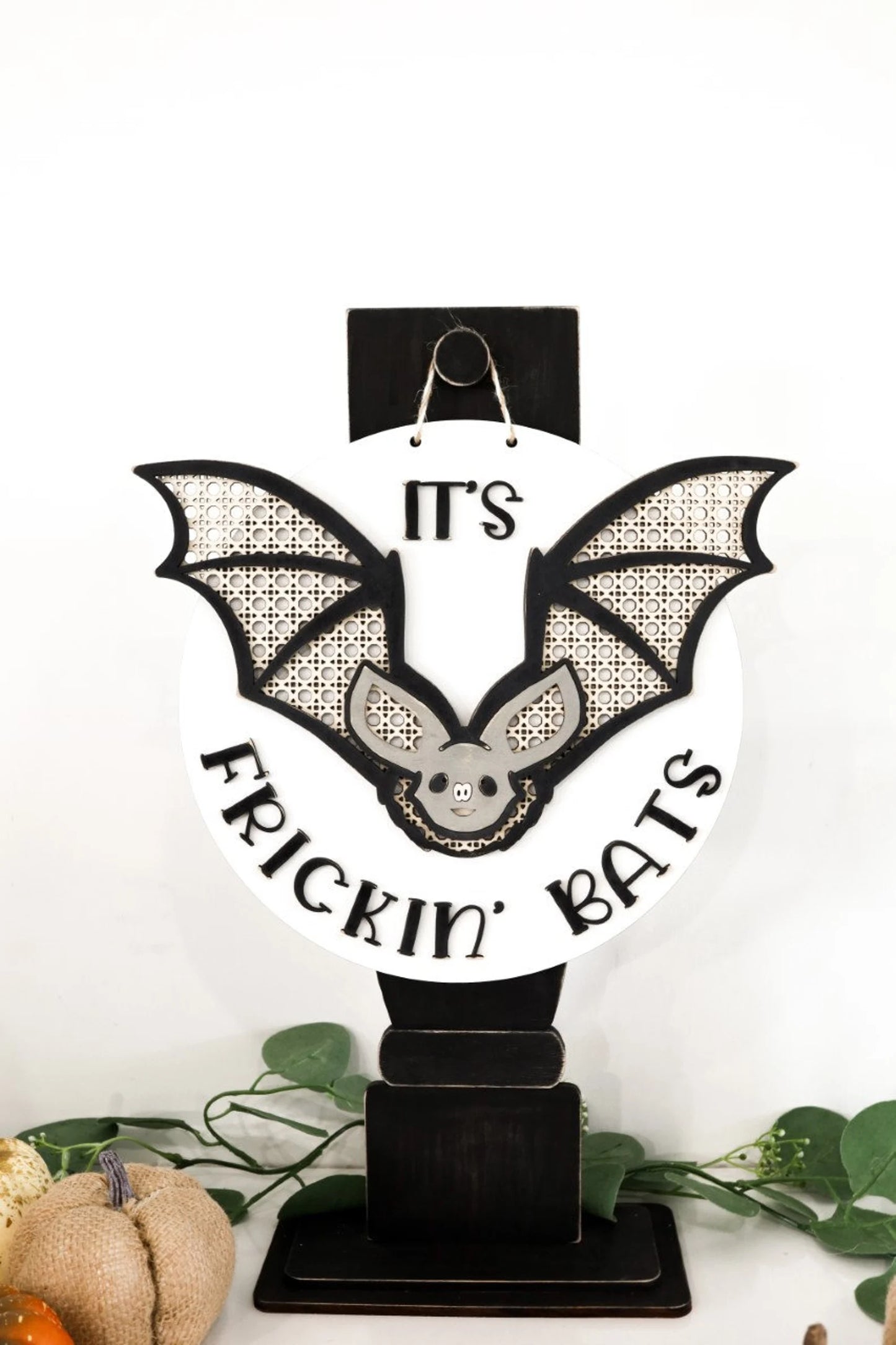 It's Frickin' Bats Rattan Bat Halloween Sign With Stand Laser Cut File | Cute Halloween Sign With Vintage Post Stand | Halloween | Glowforge