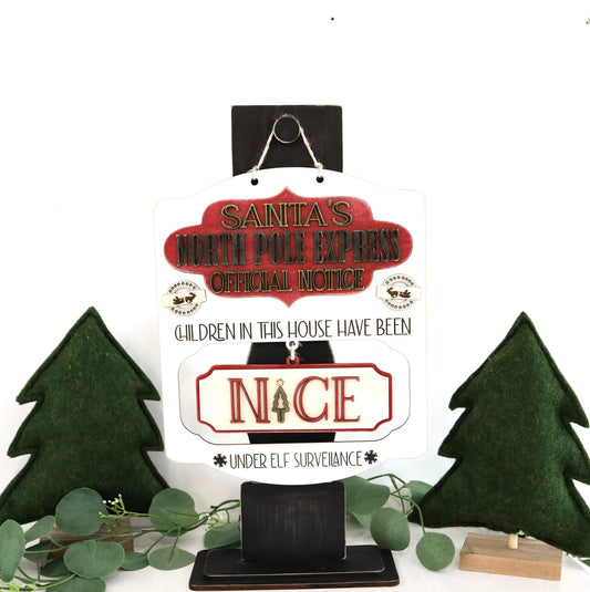 Interchangeable Santa's Nice or Naughty List Sign / Ornament with Freestanding Vintage Column Stand Laser Cut File | Cute Custom Christmas