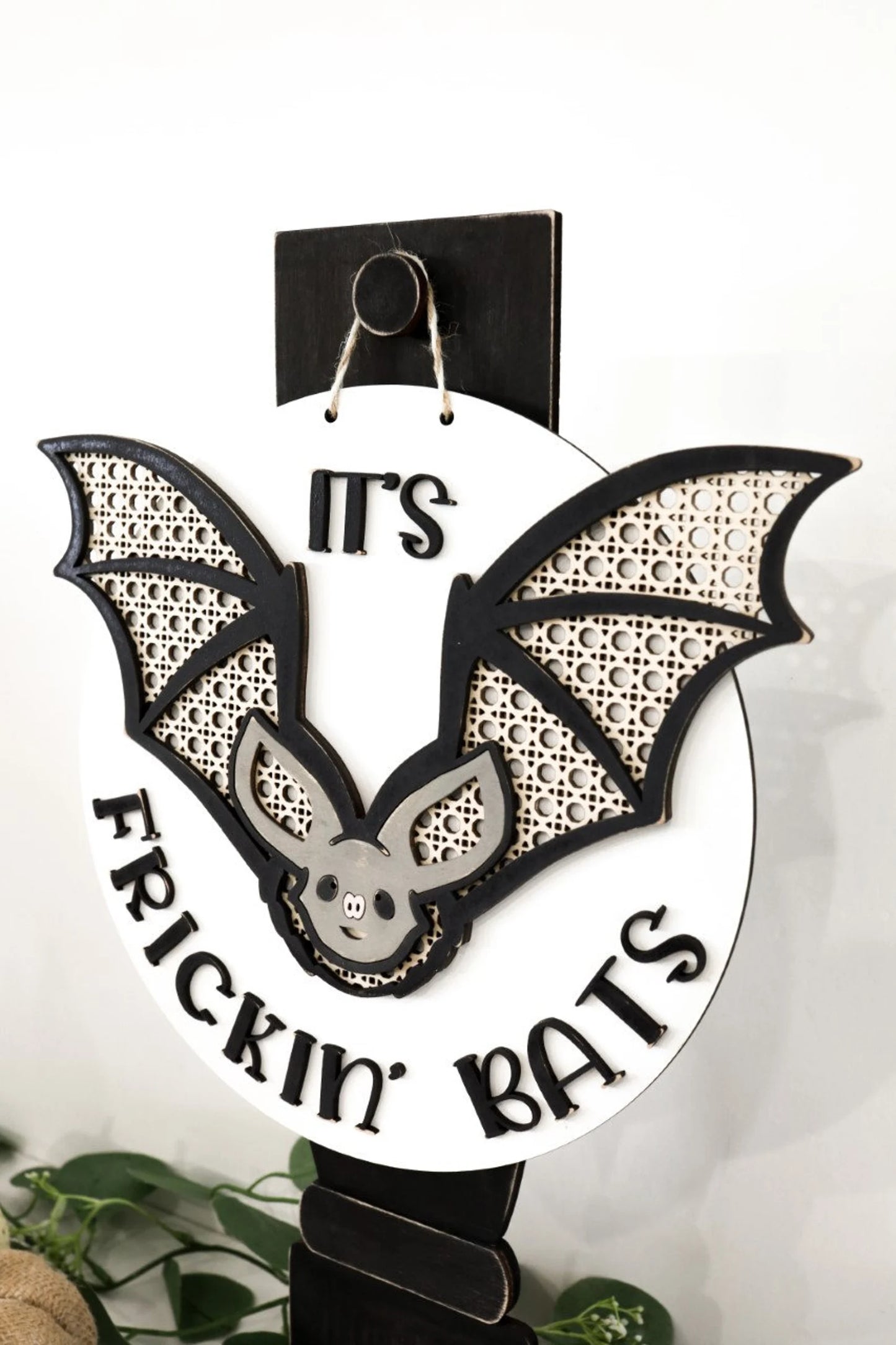 It's Frickin' Bats Rattan Bat Halloween Sign With Stand Laser Cut File | Cute Halloween Sign With Vintage Post Stand | Halloween | Glowforge