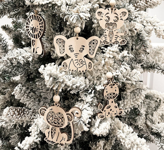 Cute Rattan Lion, Elephant, Giraffe, Monkey, Tiger Ornament Charms Laser Cut File | Scandinavian Christmas | Boho Car Charms | Glowforge