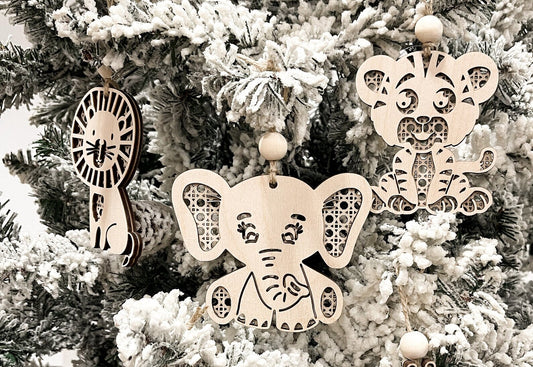 Cute Rattan Lion, Elephant, Giraffe, Monkey, Tiger Ornament Charms Laser Cut File | Scandinavian Christmas | Boho Car Charms | Glowforge