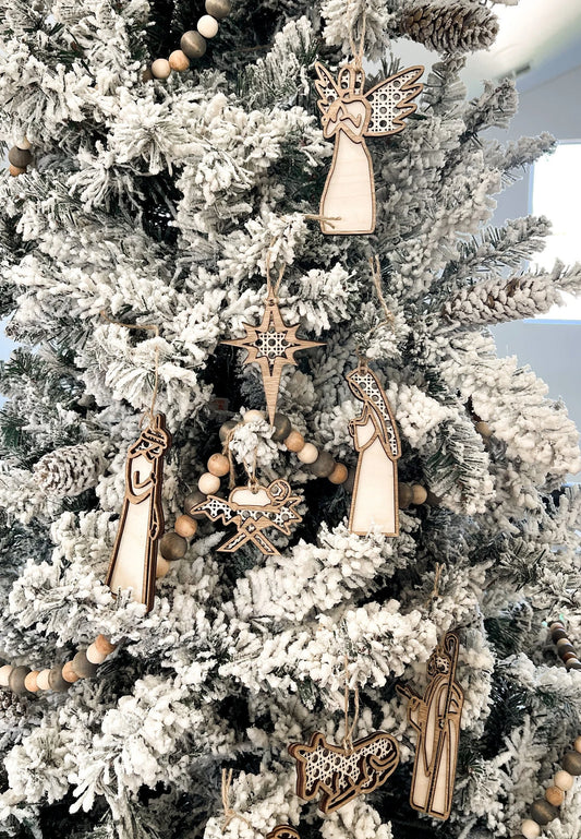 Rattan Nativity Christmas Tree Ornaments Laser Cut Digital File | 14 Ornaments | Boho Christmas Decor | Boho Nativity | Jesus | Glowforge