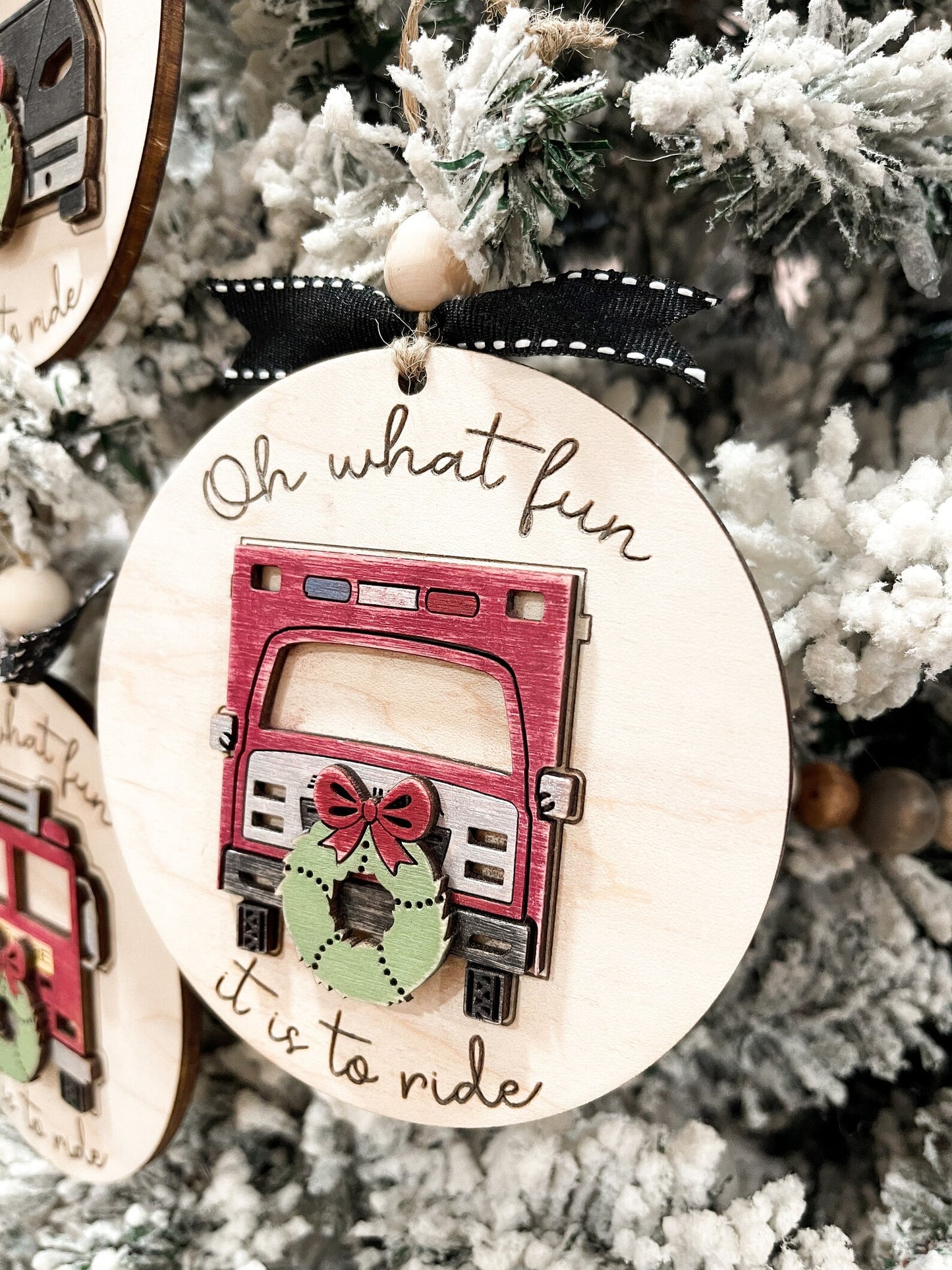 Oh What Fun It Is To Ride Fire Truck, Police Car, Ambulance, Train, Garbage Truck, School Bus, Sandrail, UTV Christmas Ornament Laser File