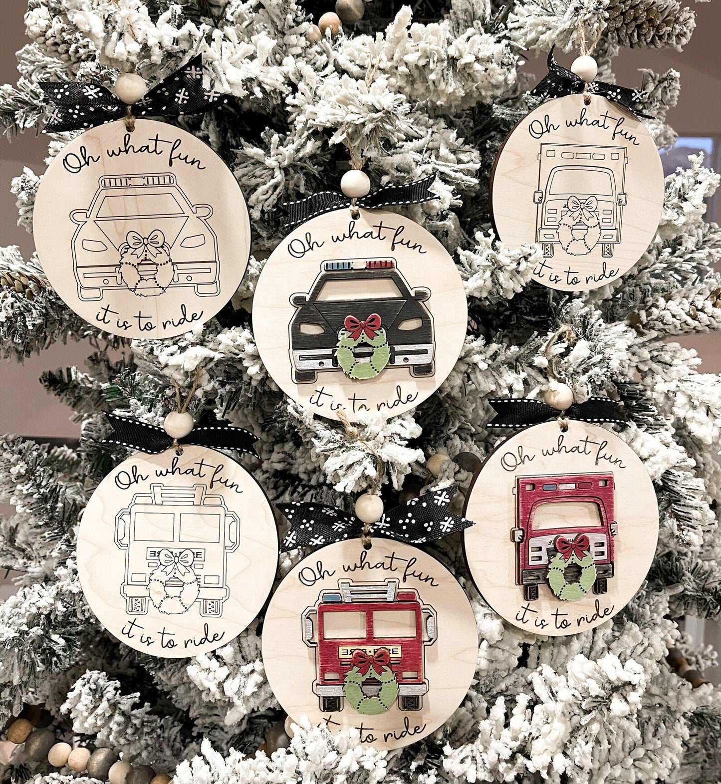 Oh What Fun It Is To Ride Fire Truck, Police Car, Ambulance, Train, Garbage Truck, School Bus, Sandrail, UTV Christmas Ornament Laser File