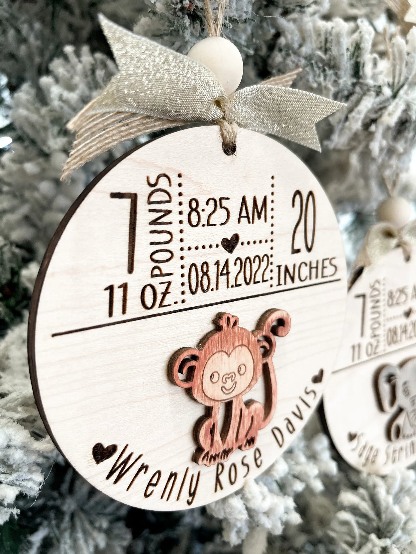 Customizable Cute Birth Announcement Stats Charm / Ornament Laser Digital File | Includes Lion, Tiger, Giraffe, Monkey, Elephant | Glowforge