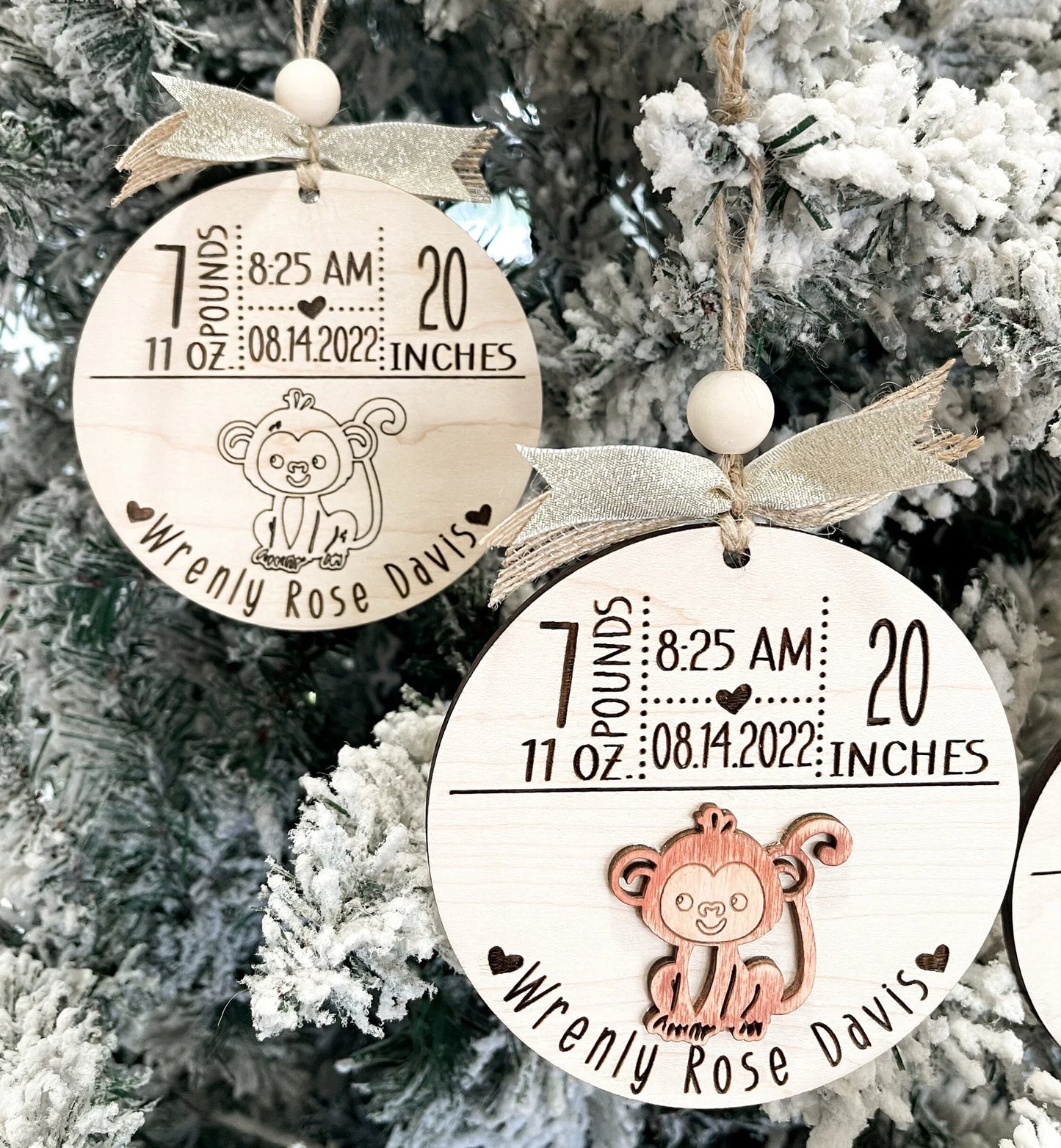 Customizable Cute Birth Announcement Stats Charm / Ornament Laser Digital File | Includes Lion, Tiger, Giraffe, Monkey, Elephant | Glowforge