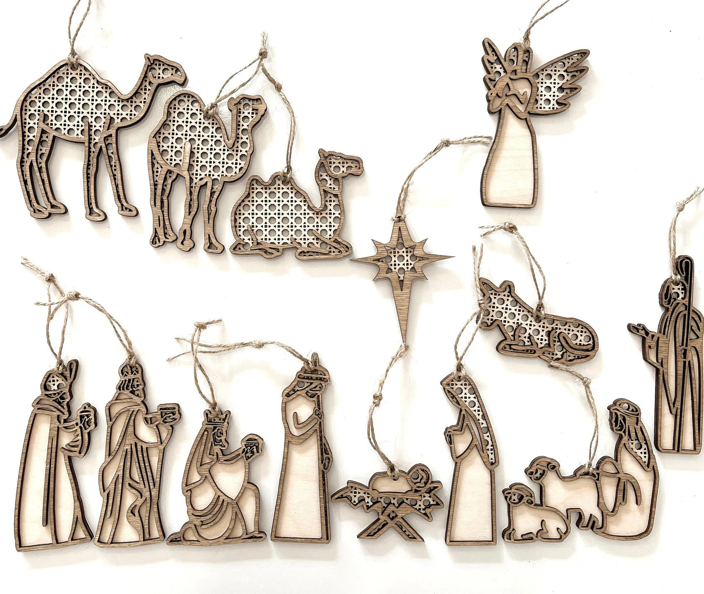 Rattan Nativity Christmas Tree Ornaments Laser Cut Digital File | 14 Ornaments | Boho Christmas Decor | Boho Nativity | Jesus | Glowforge