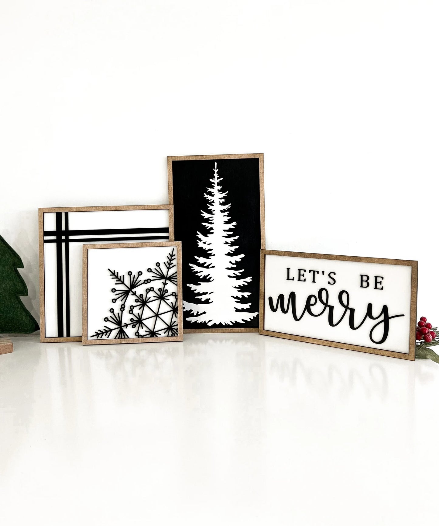 Cute Christmas Mantle Sign Set Laser Cut Digital File | Be Merry | Snowflake | Christmas Tree | Stripes | Plaid | Black & White | Glowforge