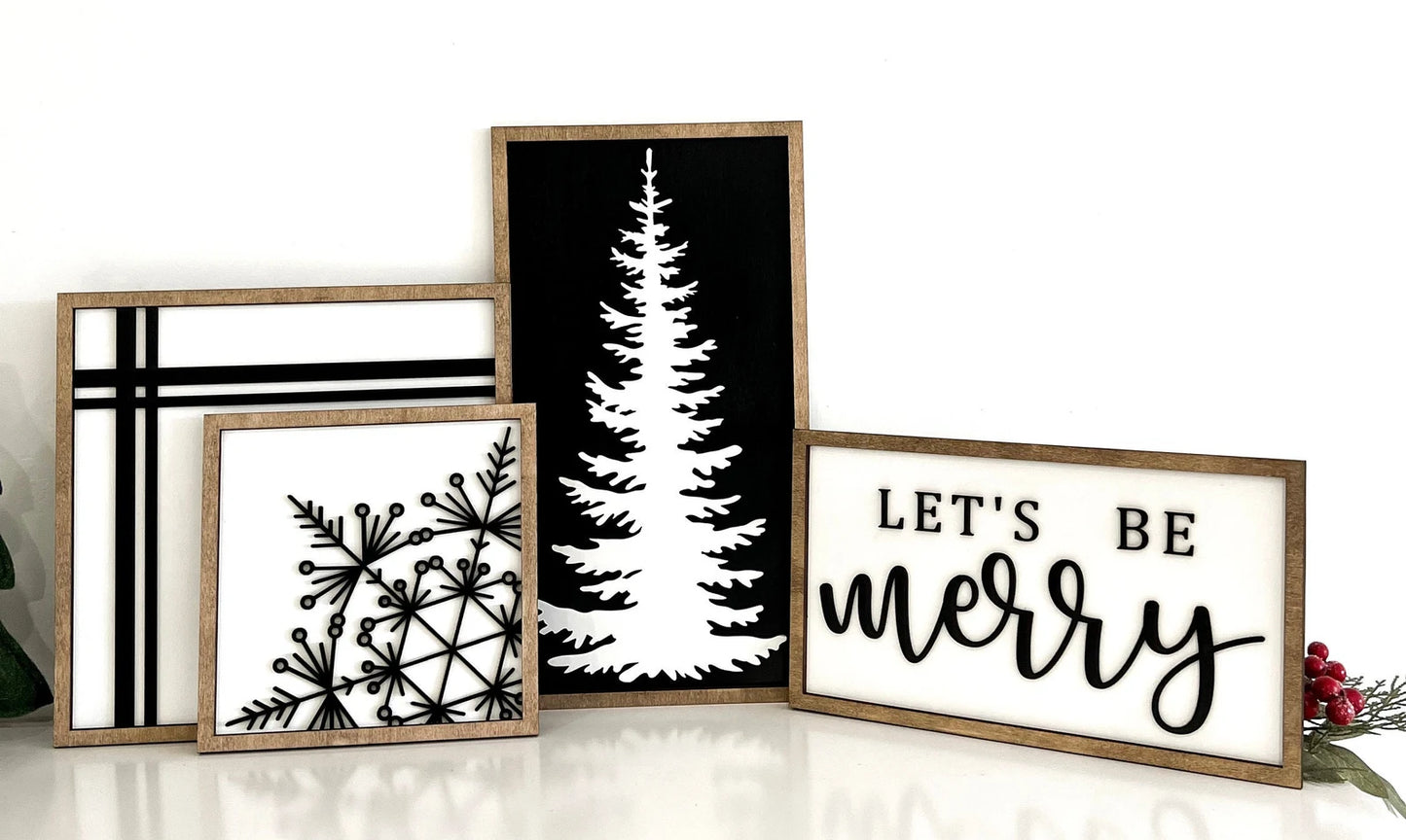 Cute Christmas Mantle Sign Set Laser Cut Digital File | Be Merry | Snowflake | Christmas Tree | Stripes | Plaid | Black & White | Glowforge