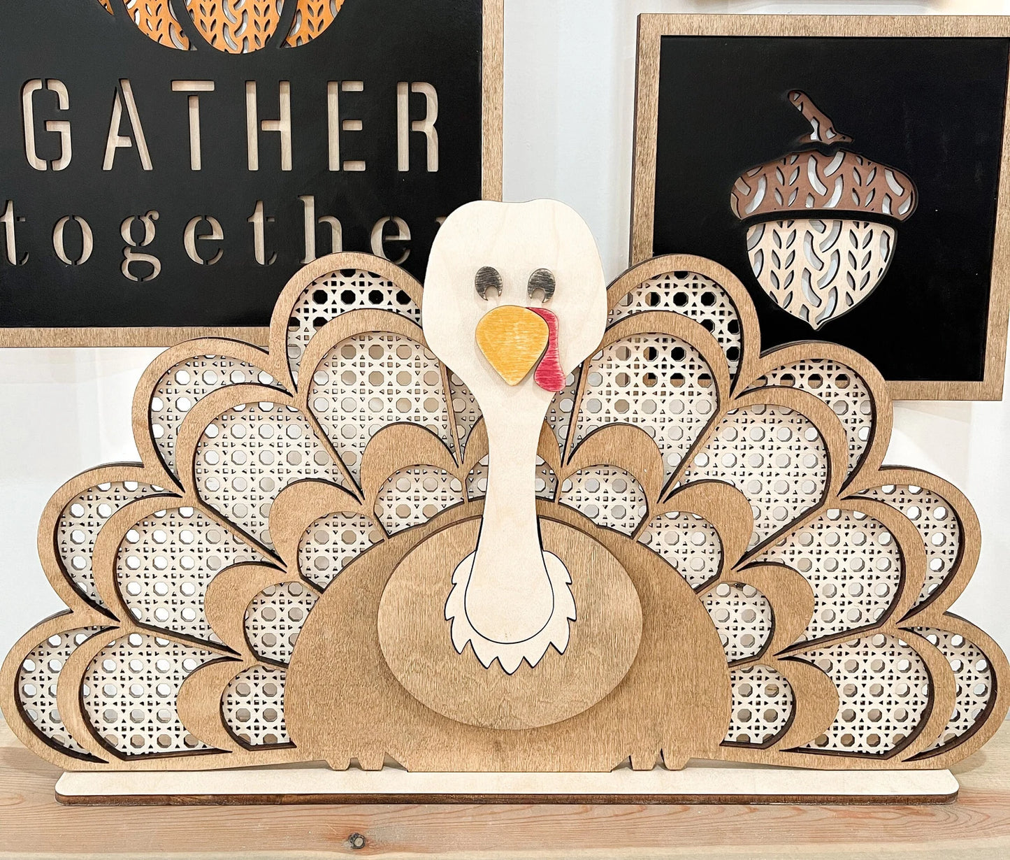 Freestanding and Shelf Sitter Rattan Thanksgiving Turkey Laser Digital Cut File | Cute Turkey | Boho Thanksgiving | Wood Turkey | Glowforge