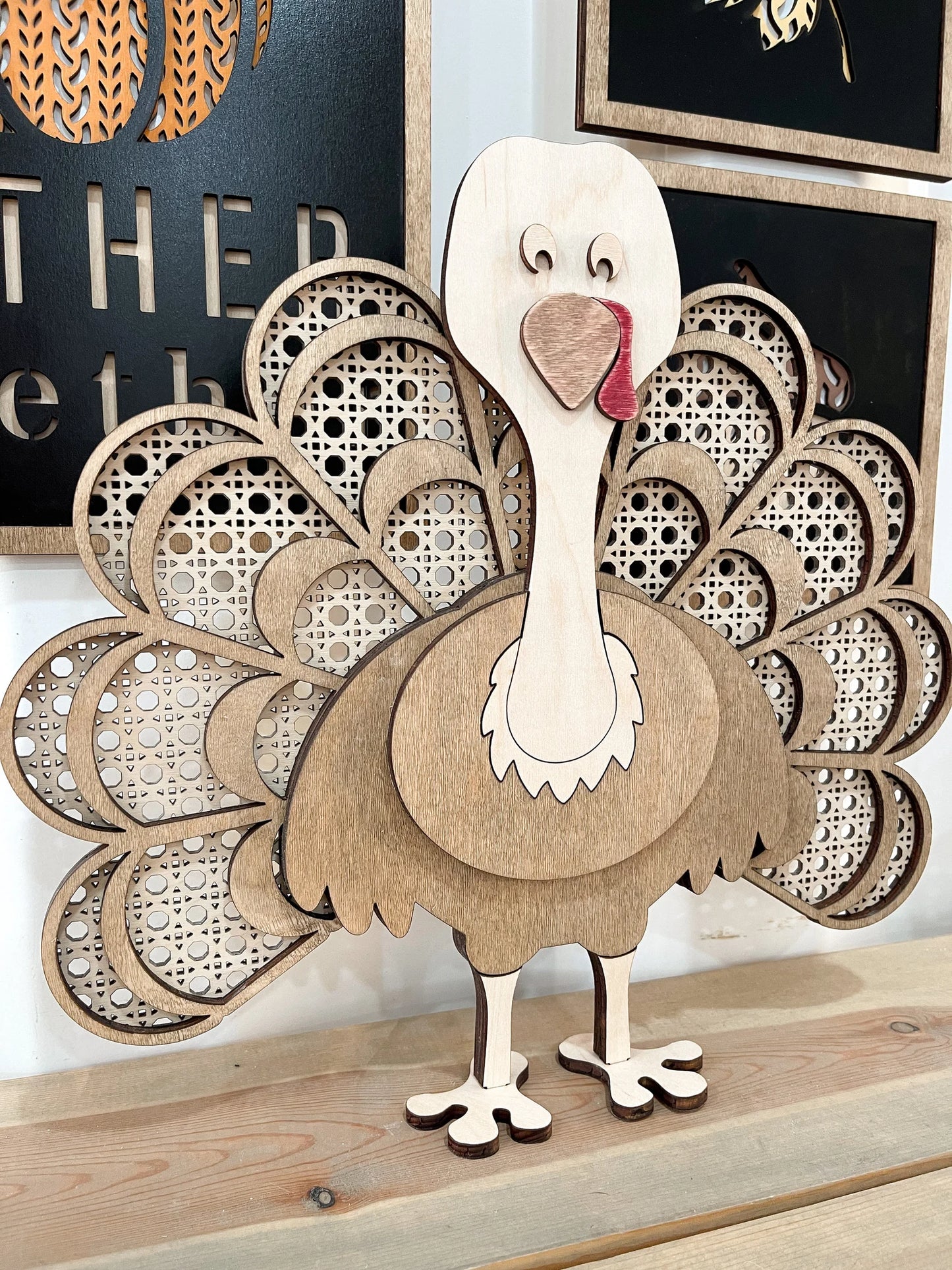 Freestanding and Shelf Sitter Rattan Thanksgiving Turkey Laser Digital Cut File | Cute Turkey | Boho Thanksgiving | Wood Turkey | Glowforge