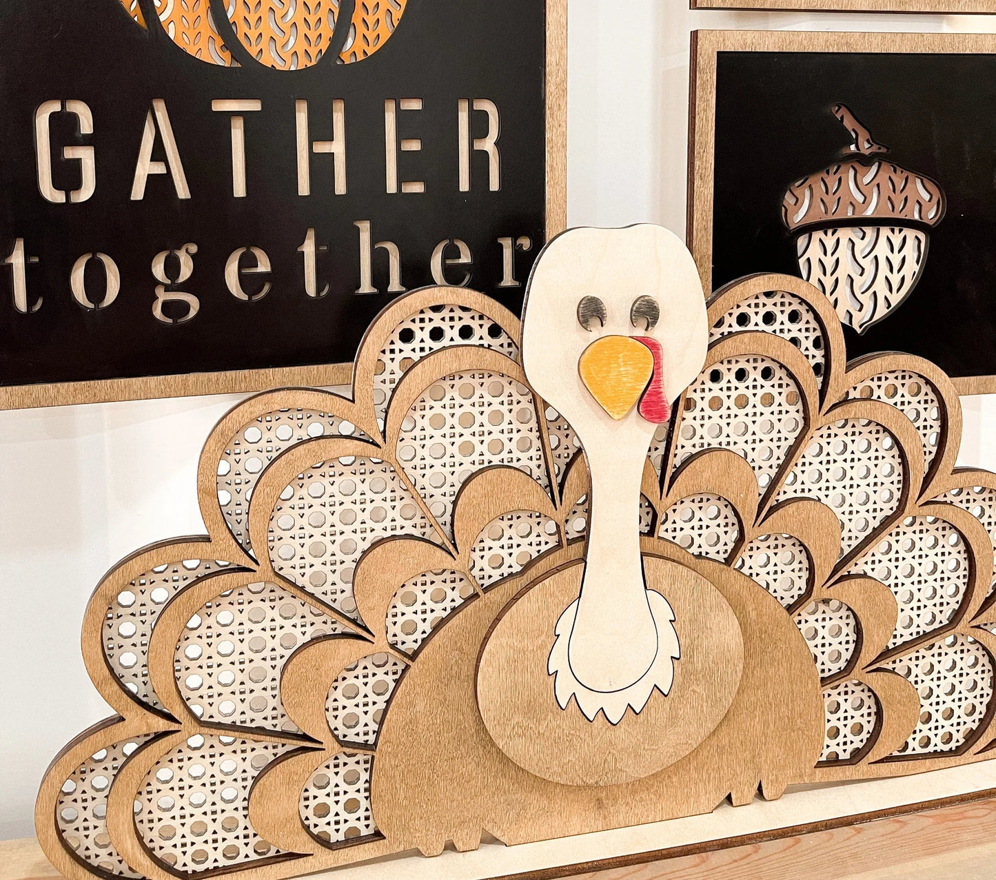 Freestanding and Shelf Sitter Rattan Thanksgiving Turkey Laser Digital Cut File | Cute Turkey | Boho Thanksgiving | Wood Turkey | Glowforge