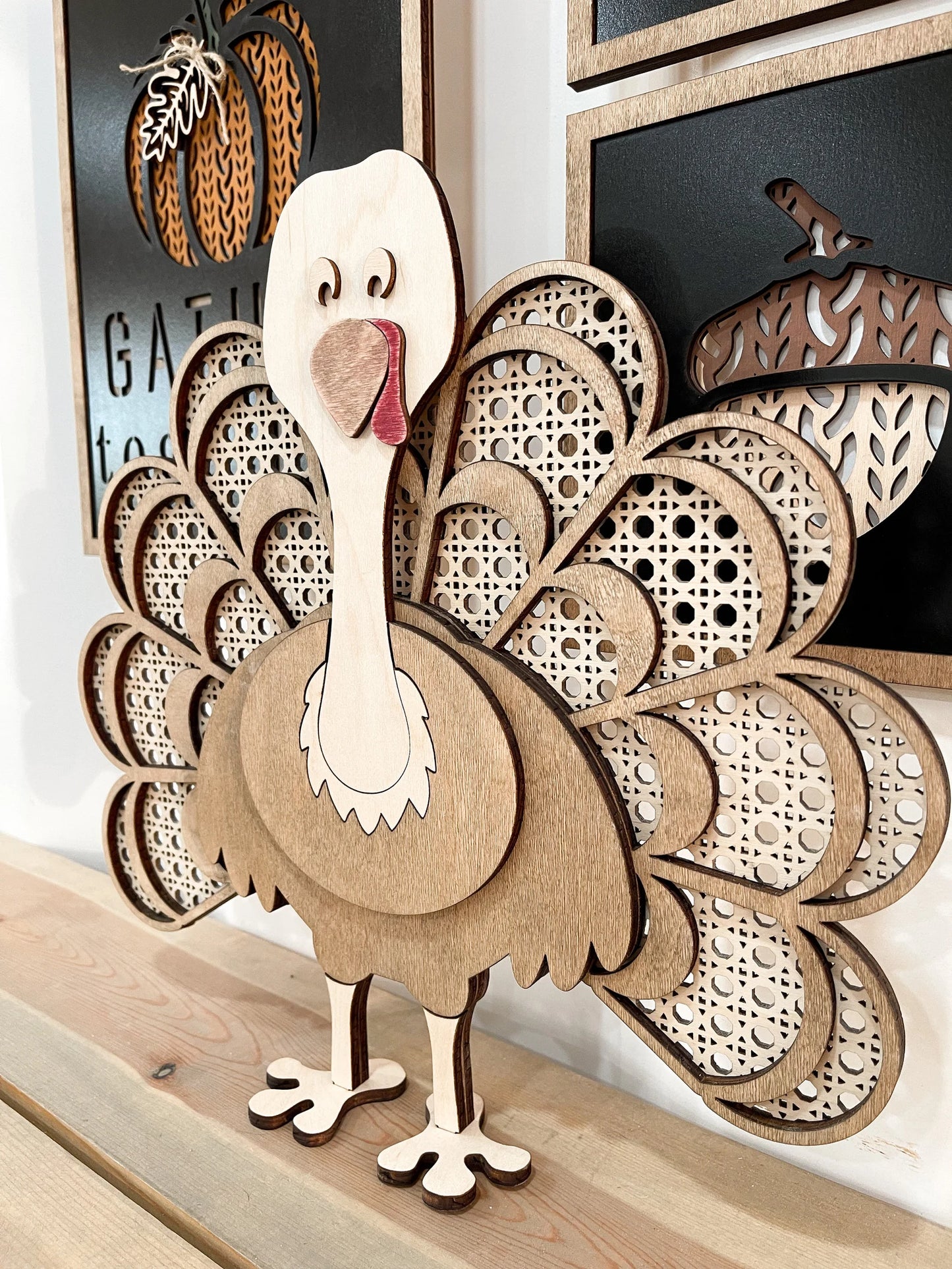 Freestanding and Shelf Sitter Rattan Thanksgiving Turkey Laser Digital Cut File | Cute Turkey | Boho Thanksgiving | Wood Turkey | Glowforge