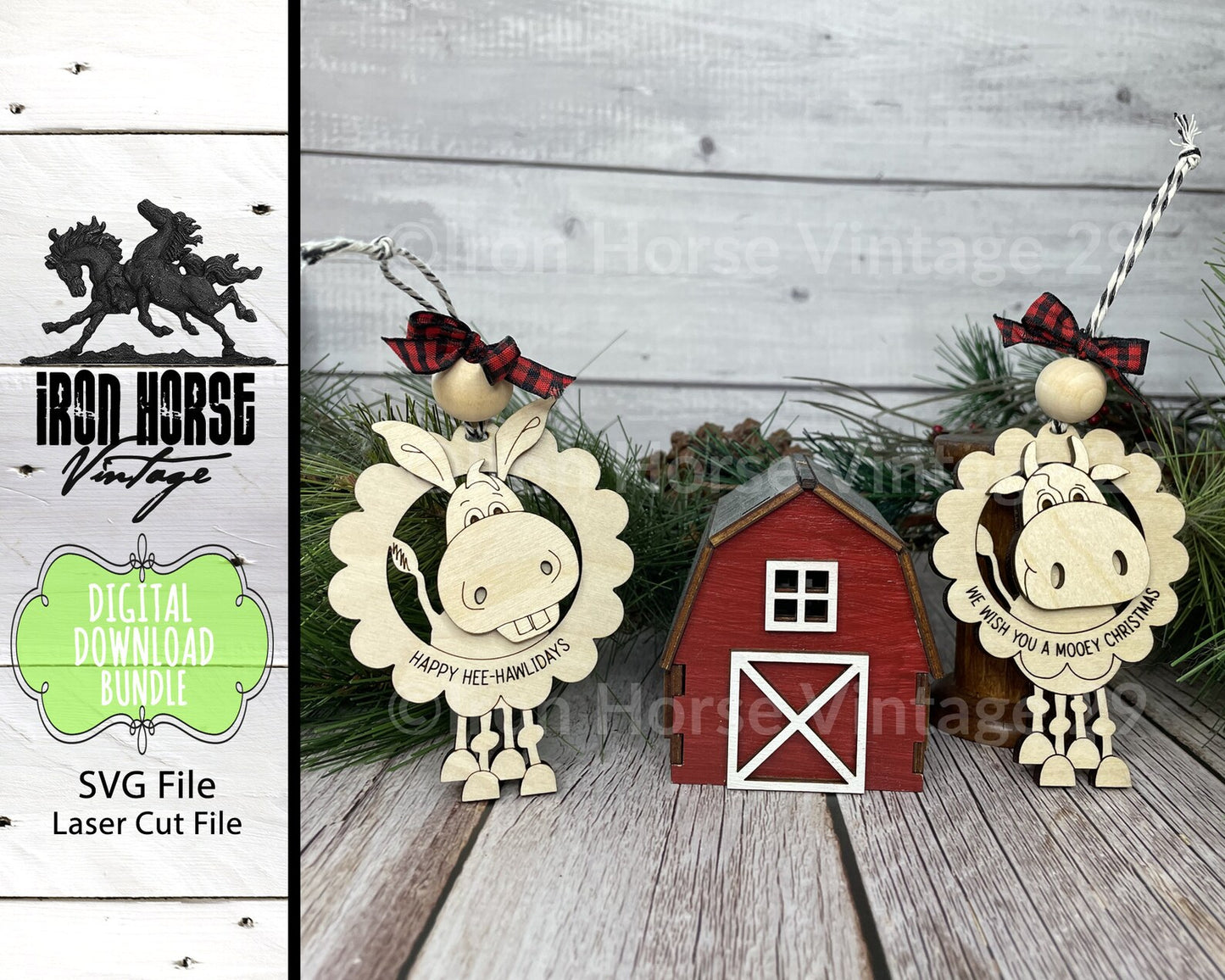 Farm Animal Christmas Ornaments, Holiday Donkey and Cow, Farmhouse Style, Holiday Decorations