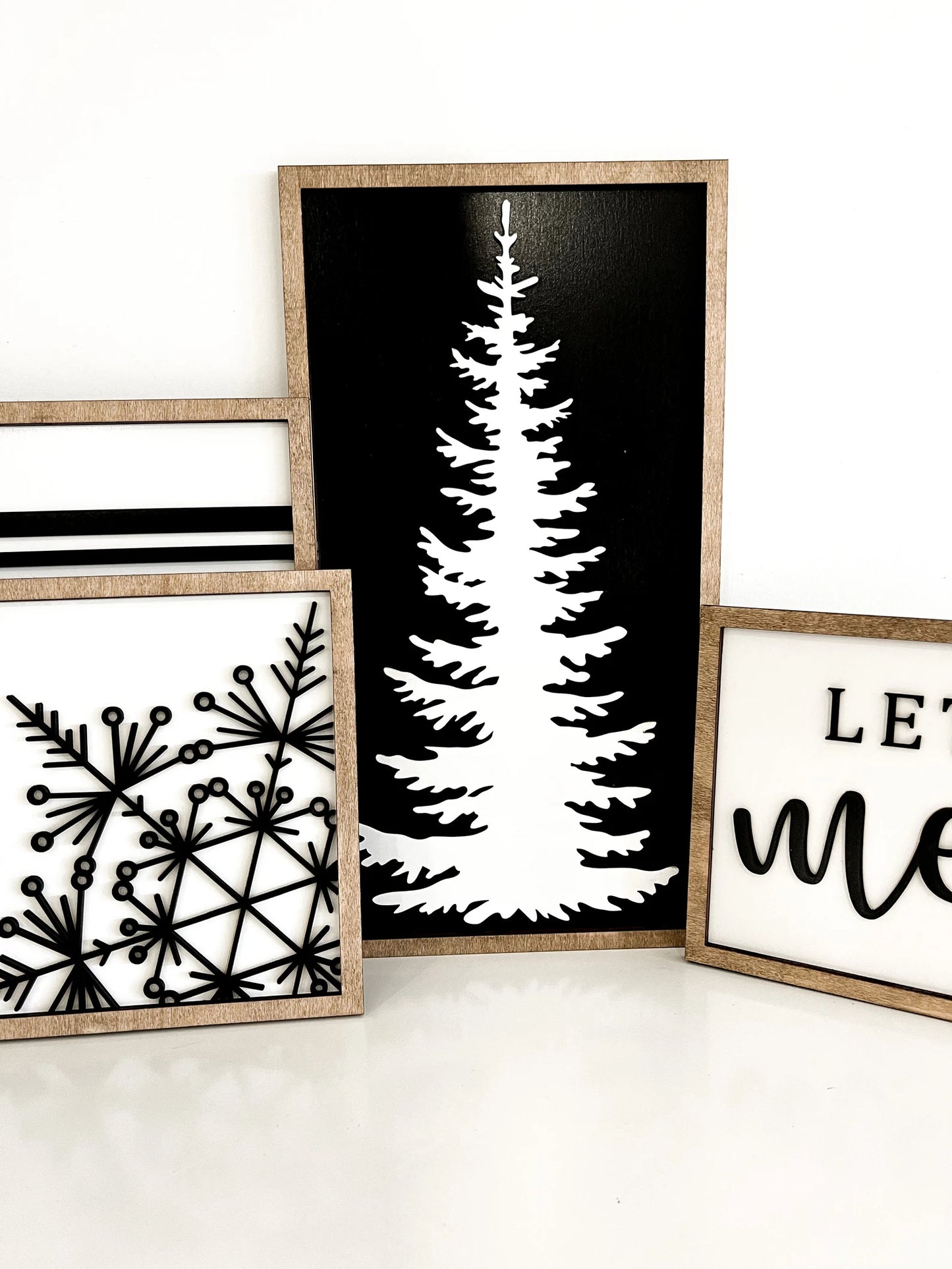 Cute Christmas Mantle Sign Set Laser Cut Digital File | Be Merry | Snowflake | Christmas Tree | Stripes | Plaid | Black & White | Glowforge