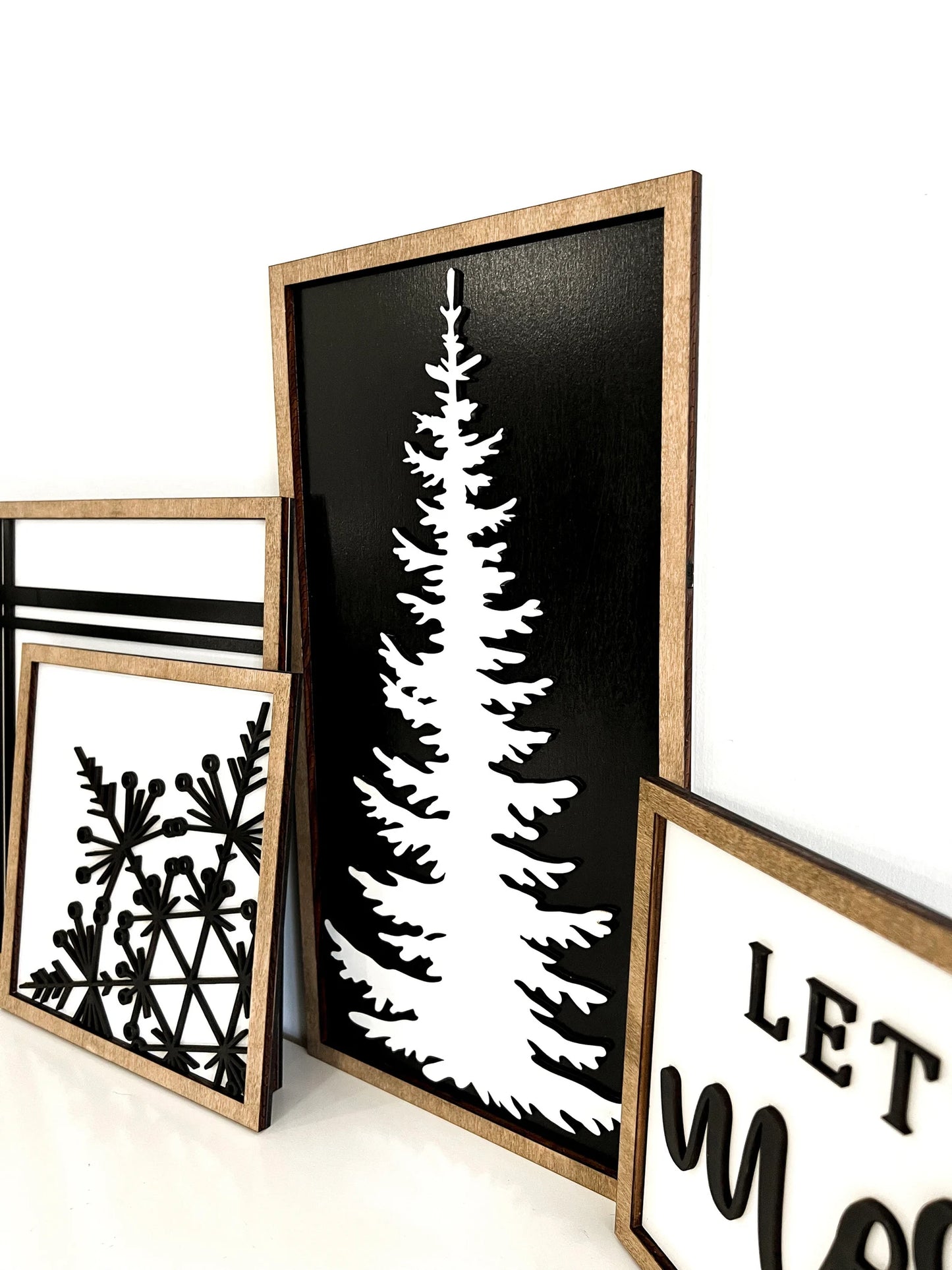 Cute Christmas Mantle Sign Set Laser Cut Digital File | Be Merry | Snowflake | Christmas Tree | Stripes | Plaid | Black & White | Glowforge