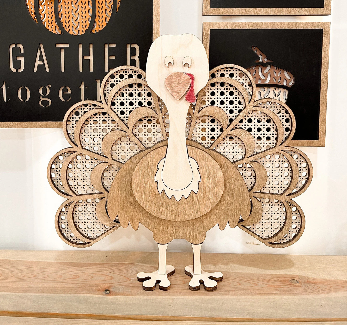 Freestanding and Shelf Sitter Rattan Thanksgiving Turkey Laser Digital Cut File | Cute Turkey | Boho Thanksgiving | Wood Turkey | Glowforge