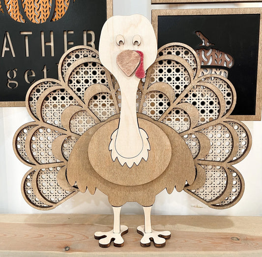 Freestanding and Shelf Sitter Rattan Thanksgiving Turkey Laser Digital Cut File | Cute Turkey | Boho Thanksgiving | Wood Turkey | Glowforge