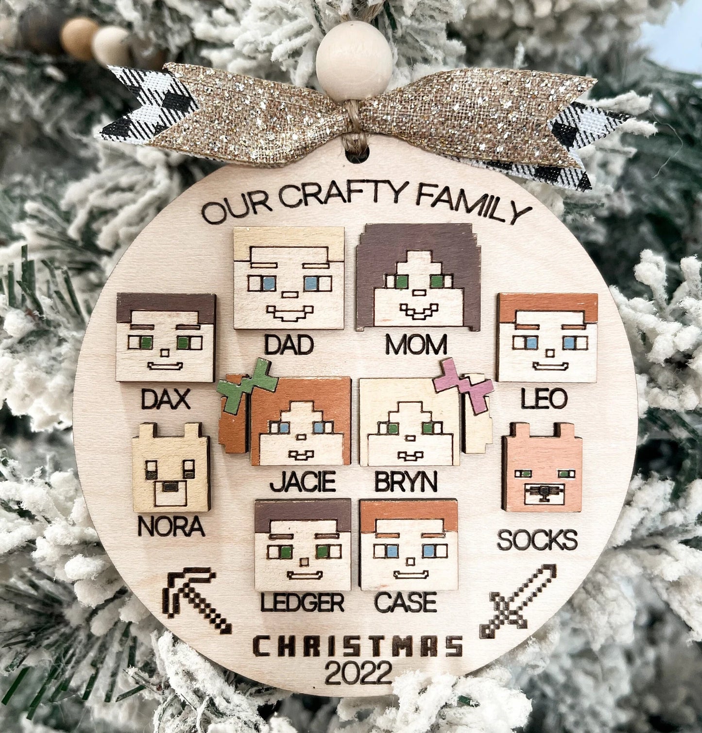 Customizable Pixel Craft Gamer Family Names Christmas Ornament Laser Cut Digital File | Personalized Video Game Ornament SVG | Glowforge