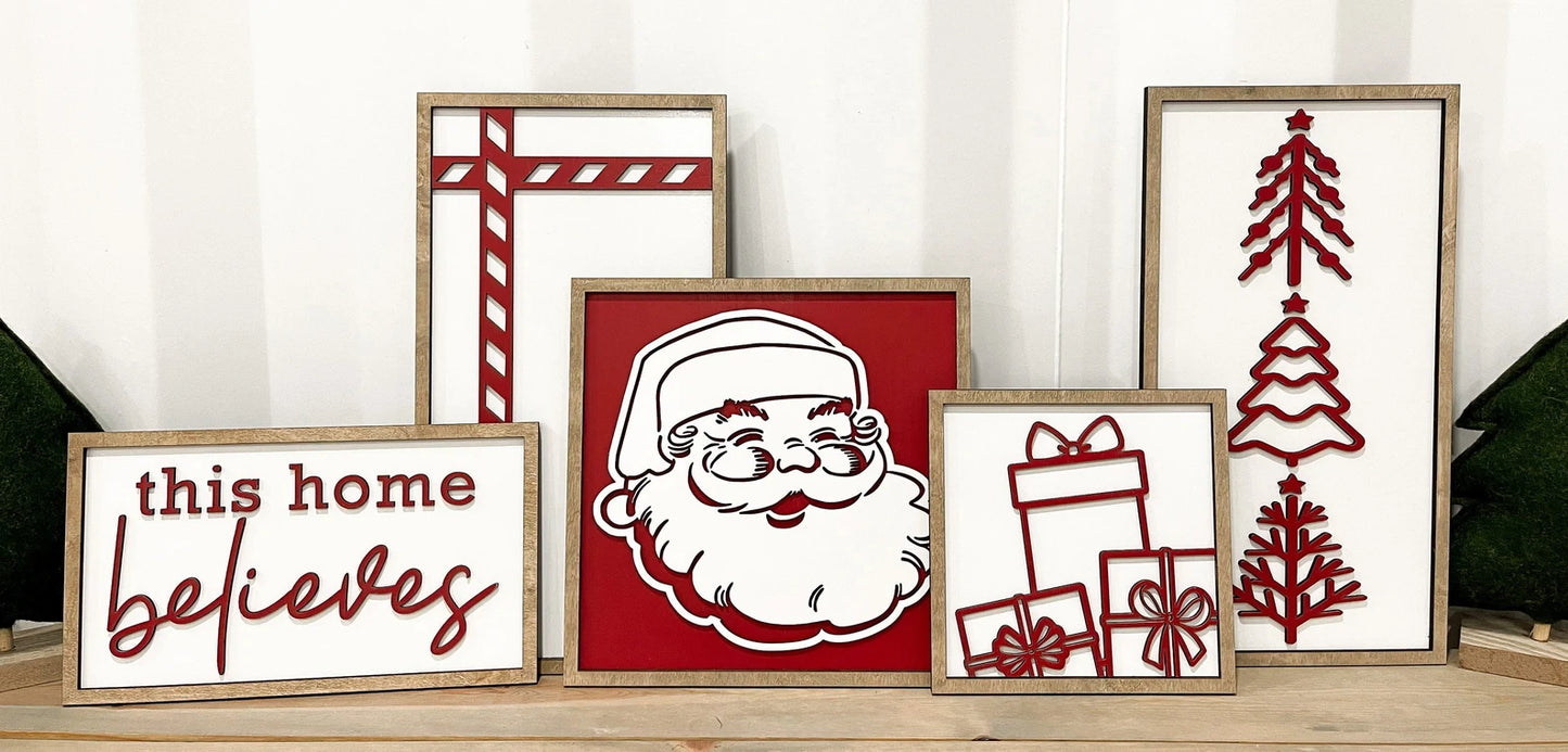 Cute Christmas Santa Mantle 5 Sign Set Laser Cut Digital File | Boho | This Home Believes | Christmas Presents | Christmas Trees | Glowforge