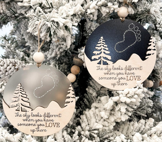 Customizable Baby Memorial "The Sky Looks Different When You Have Someone You Love Up There" Footprint Ornament & Stand Laser Digital File