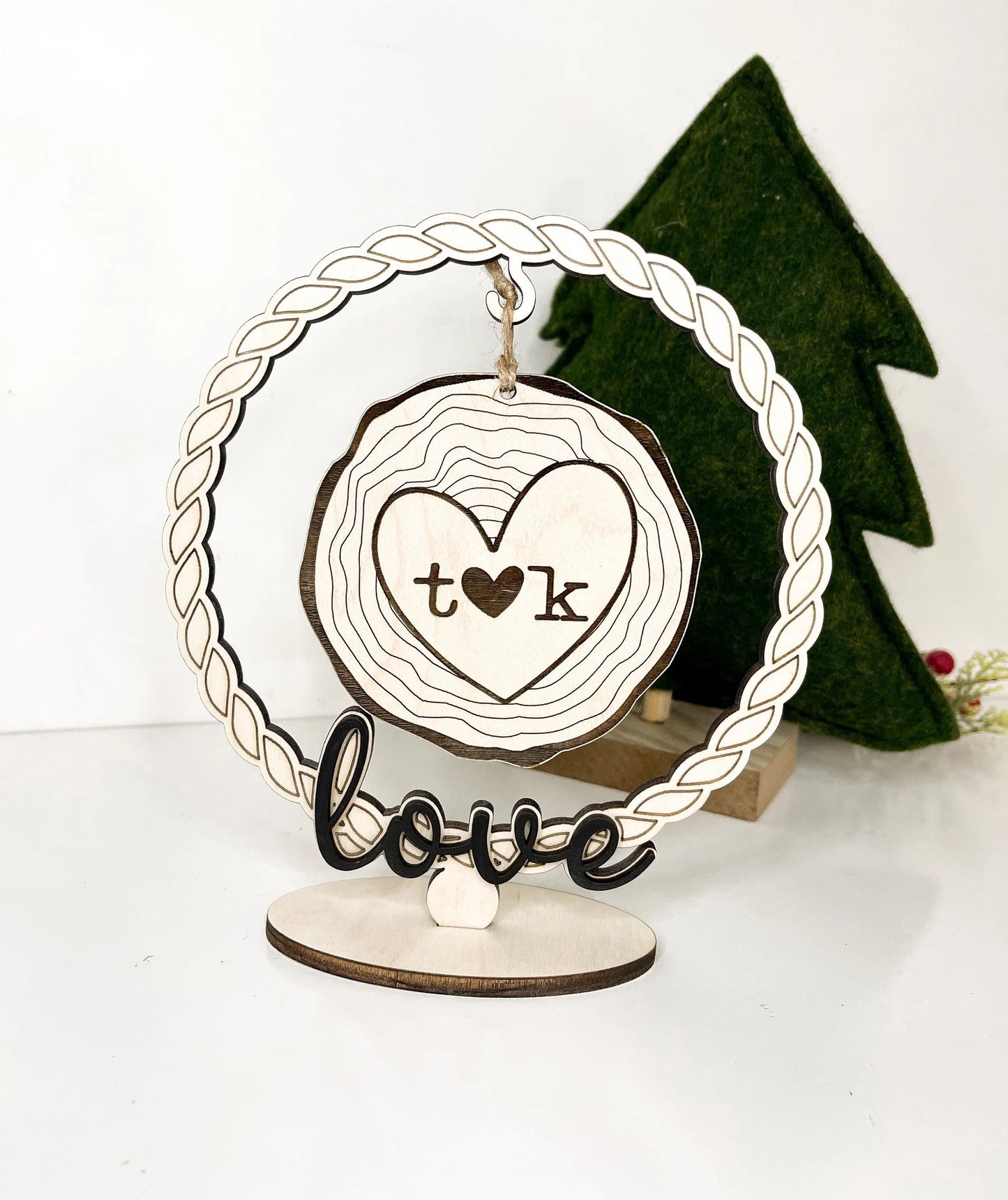 Customizable Wood Slice Love Initials Ornament / Charm and Stand Laser Cut Digital File | Keepsake Charm | Valentine's Day Gift | Glowforge