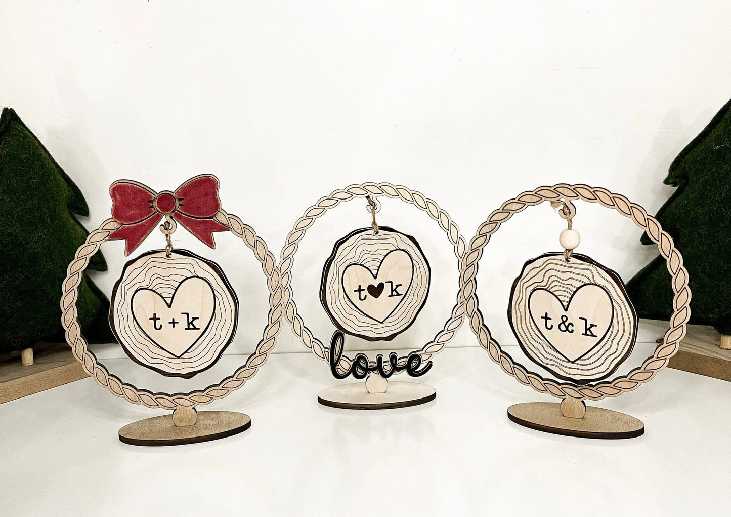 Customizable Wood Slice Love Initials Ornament / Charm and Stand Laser Cut Digital File | Keepsake Charm | Valentine's Day Gift | Glowforge