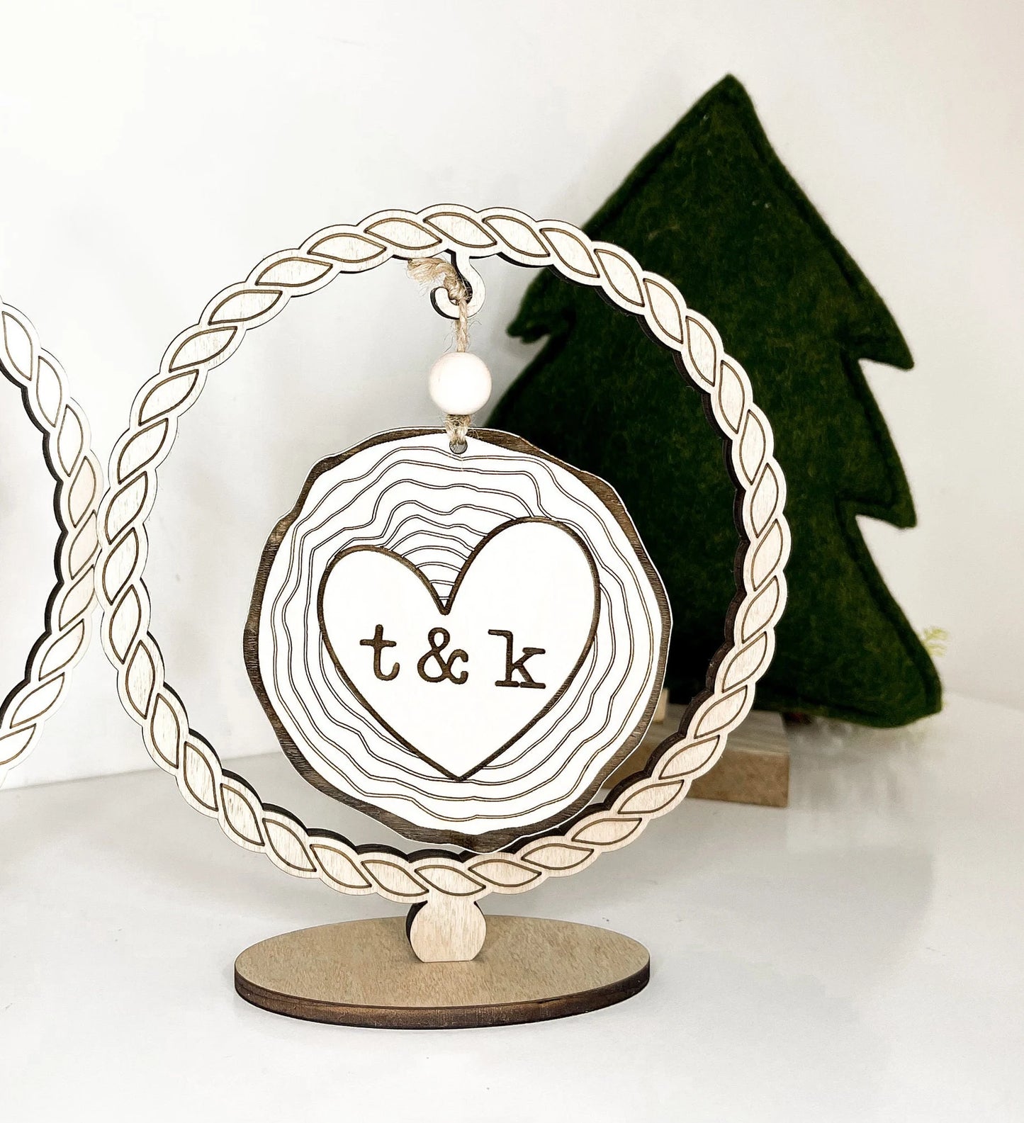 Customizable Wood Slice Love Initials Ornament / Charm and Stand Laser Cut Digital File | Keepsake Charm | Valentine's Day Gift | Glowforge