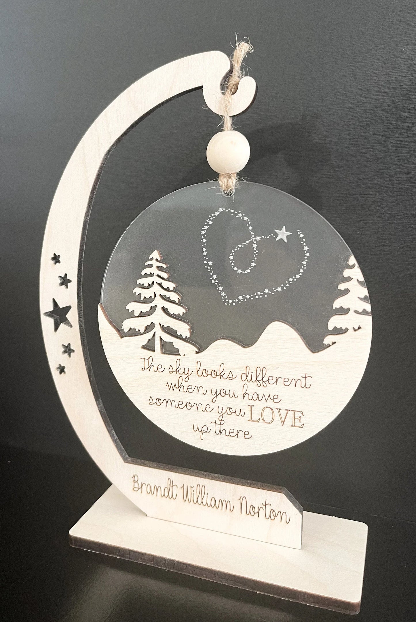 Customizable Memorial "The Sky Looks Different When You Have Someone You Love Up There" Ornament and Stand Laser Cut File | Glowforge