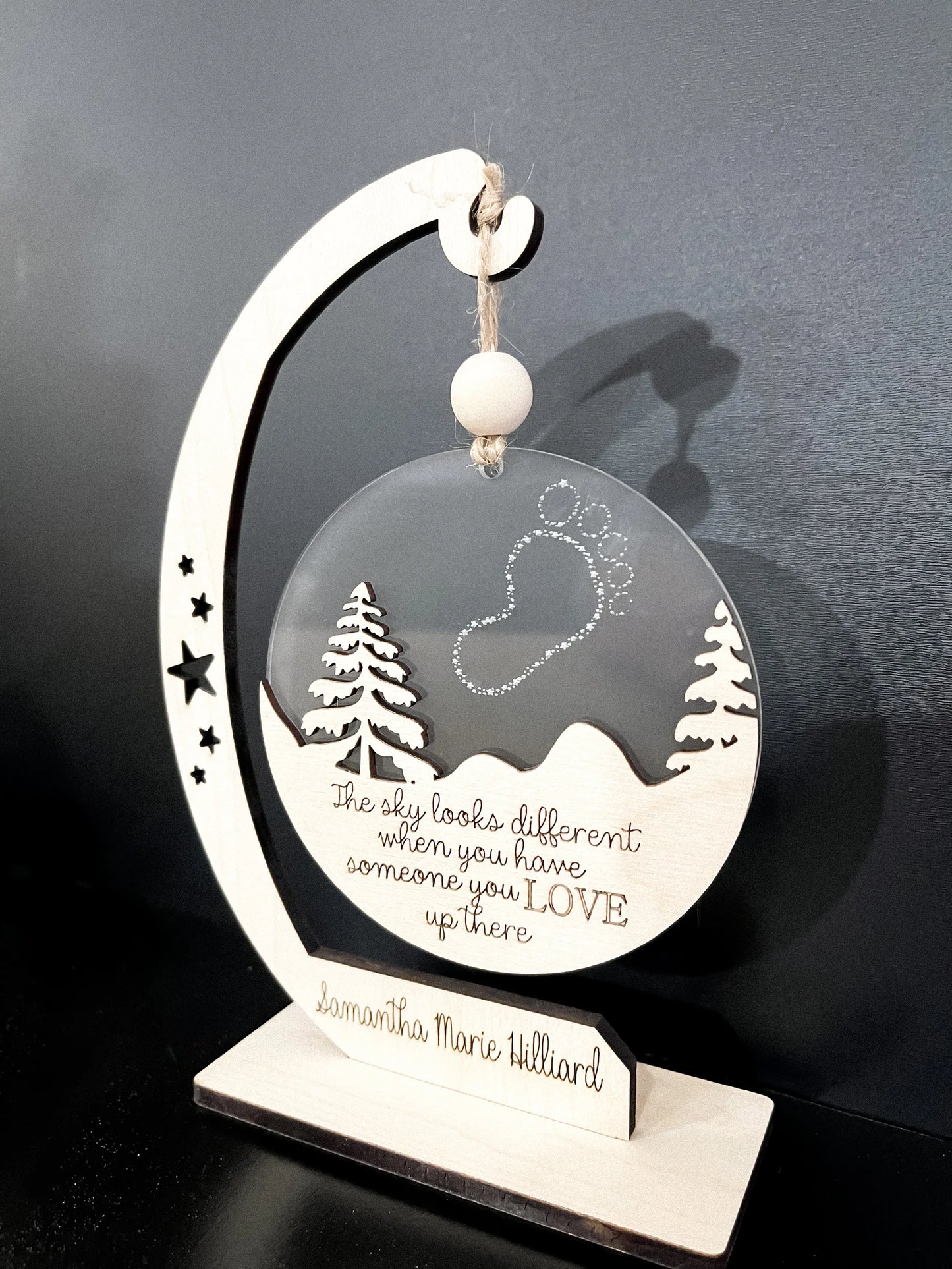 Customizable Baby Memorial "The Sky Looks Different When You Have Someone You Love Up There" Footprint Ornament & Stand Laser Digital File