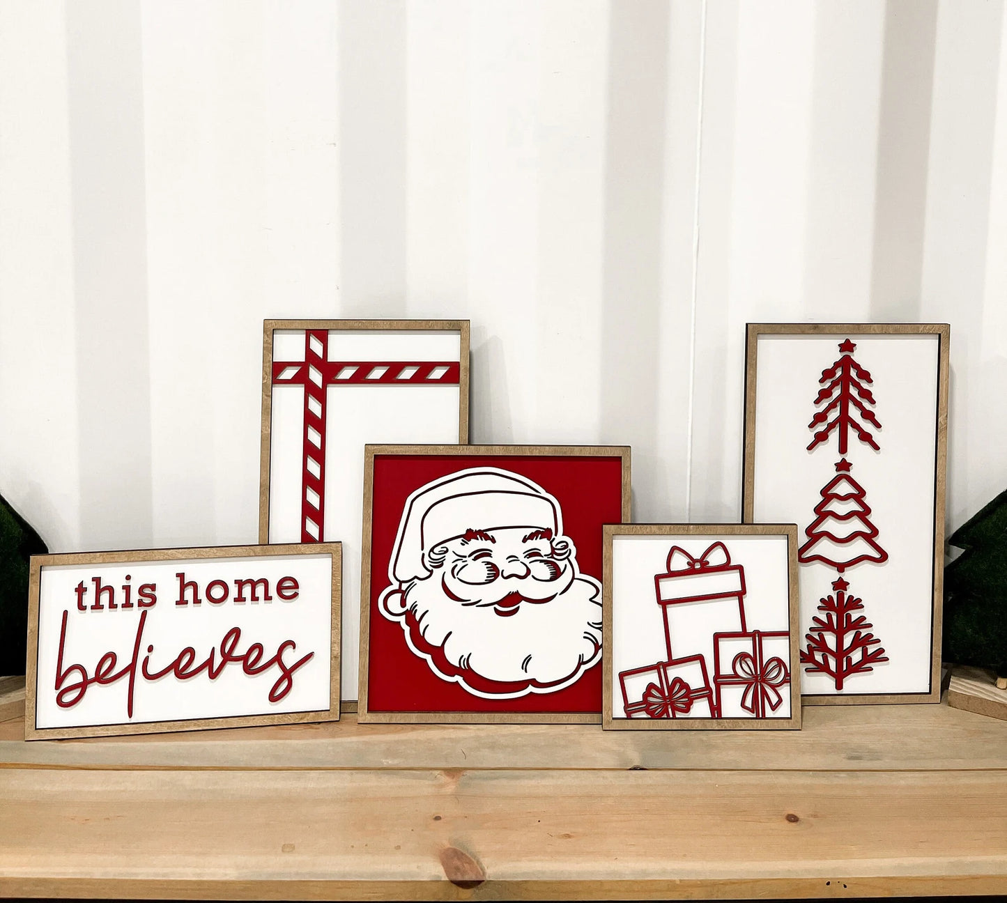 Cute Christmas Santa Mantle 5 Sign Set Laser Cut Digital File | Boho | This Home Believes | Christmas Presents | Christmas Trees | Glowforge