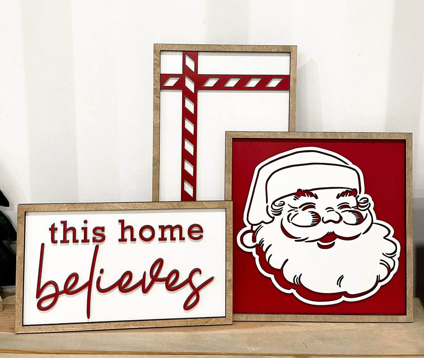 Cute Christmas Santa Mantle 5 Sign Set Laser Cut Digital File | Boho | This Home Believes | Christmas Presents | Christmas Trees | Glowforge