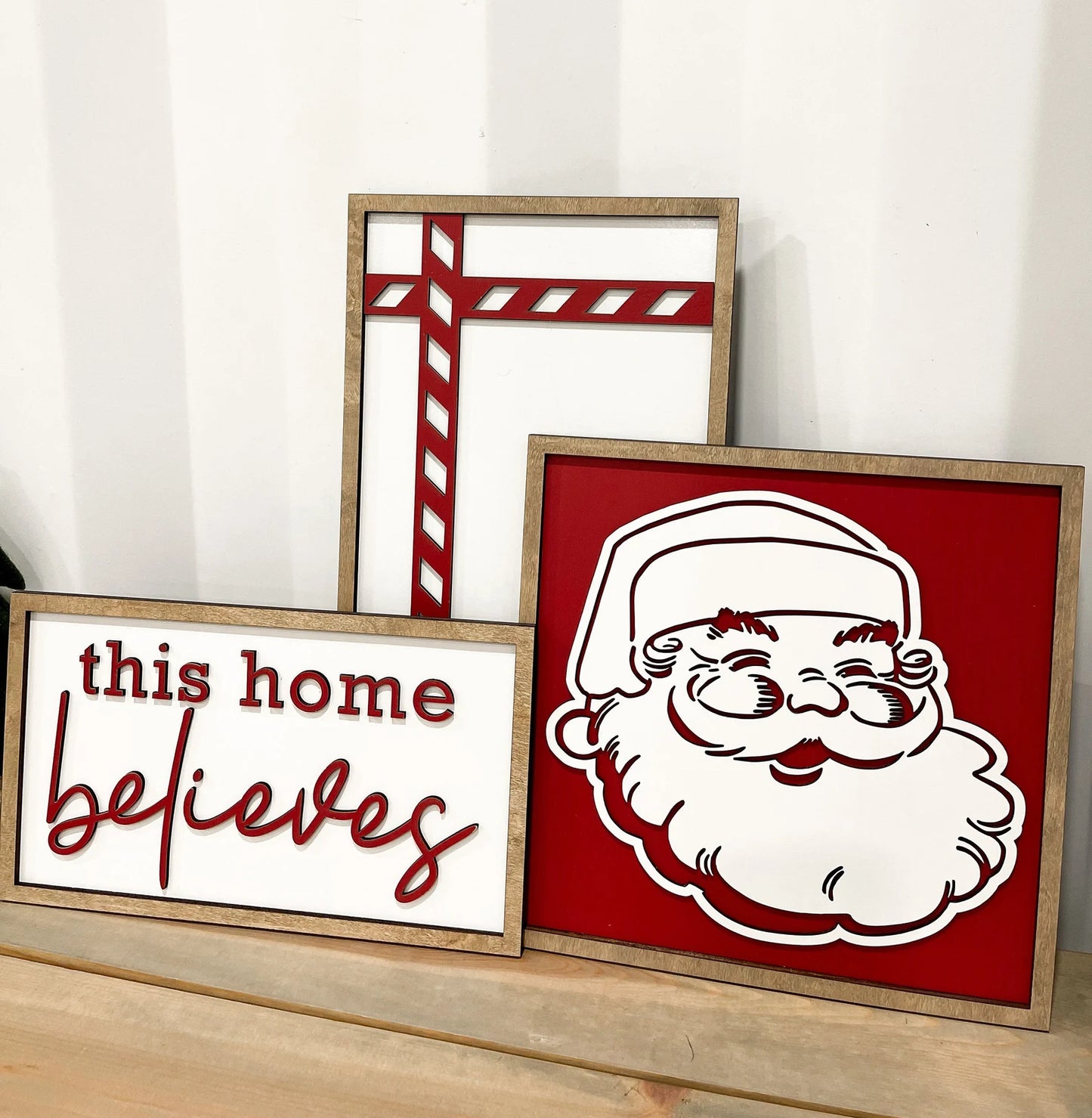 Cute Christmas Santa Mantle 5 Sign Set Laser Cut Digital File | Boho | This Home Believes | Christmas Presents | Christmas Trees | Glowforge