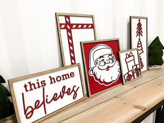 Cute Christmas Santa Mantle 5 Sign Set Laser Cut Digital File | Boho | This Home Believes | Christmas Presents | Christmas Trees | Glowforge