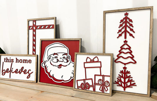 Cute Christmas Santa Mantle 5 Sign Set Laser Cut Digital File | Boho | This Home Believes | Christmas Presents | Christmas Trees | Glowforge