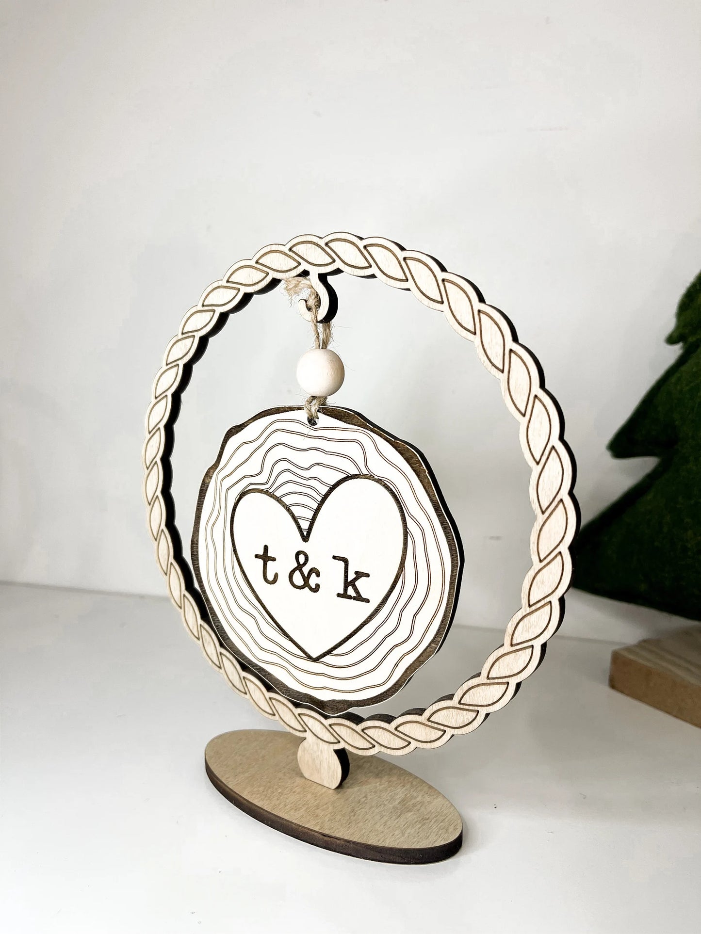 Customizable Wood Slice Love Initials Ornament / Charm and Stand Laser Cut Digital File | Keepsake Charm | Valentine's Day Gift | Glowforge