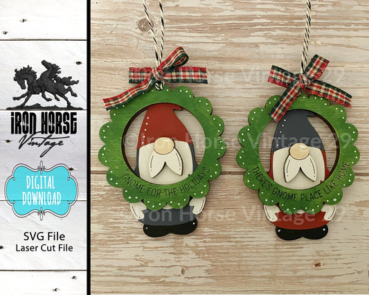 Gnome Christmas Ornaments, Gnome in Wreath, Gnome Gift Tag - Holiday Decor, Home Decor, SVG File, Laser Ready, Digital Download