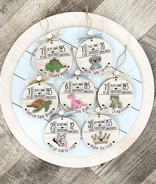 Customizable Cute Birth Announcement Stats Charm / Ornament Laser Digital File | Dinosaur, Butterfly, Koala, Crown, Turtle, Frog| Glowforge