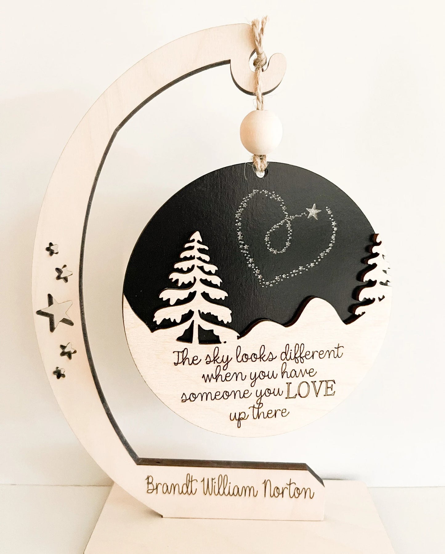 Customizable Memorial "The Sky Looks Different When You Have Someone You Love Up There" Ornament and Stand Laser Cut File | Glowforge