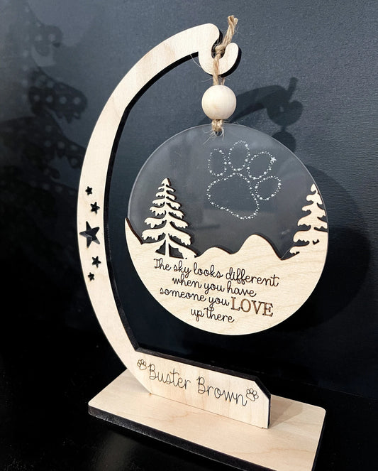 Customizable Dog Paw Memorial "The Sky Looks Different When You Have Someone You Love Up There" Ornament & Stand Laser Cut File | Glowforge