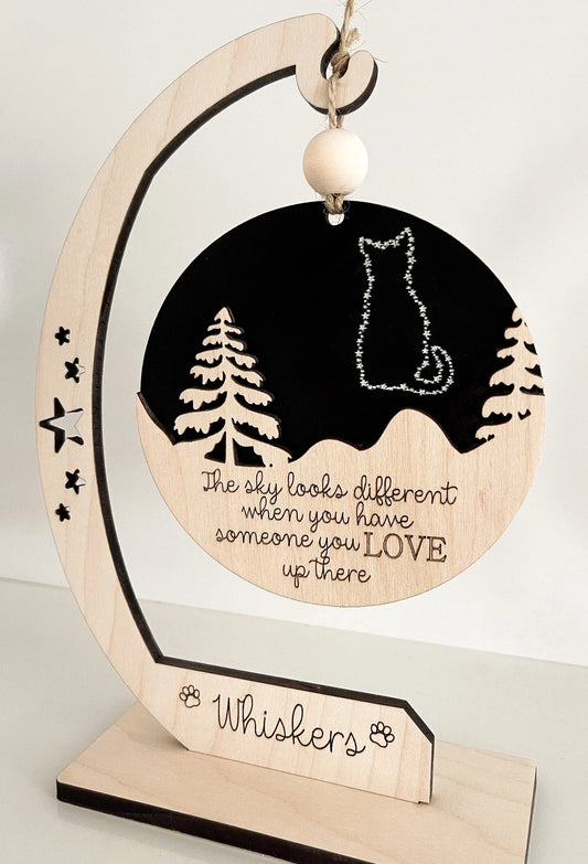 Customizable Cat Memorial "The Sky Looks Different When You Have Someone You Love Up There" Ornament Charm & Stand Laser Cut Digital File |