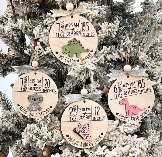 Customizable Cute Birth Announcement Stats Charm / Ornament Laser Digital File | Dinosaur, Butterfly, Koala, Crown, Turtle, Frog| Glowforge