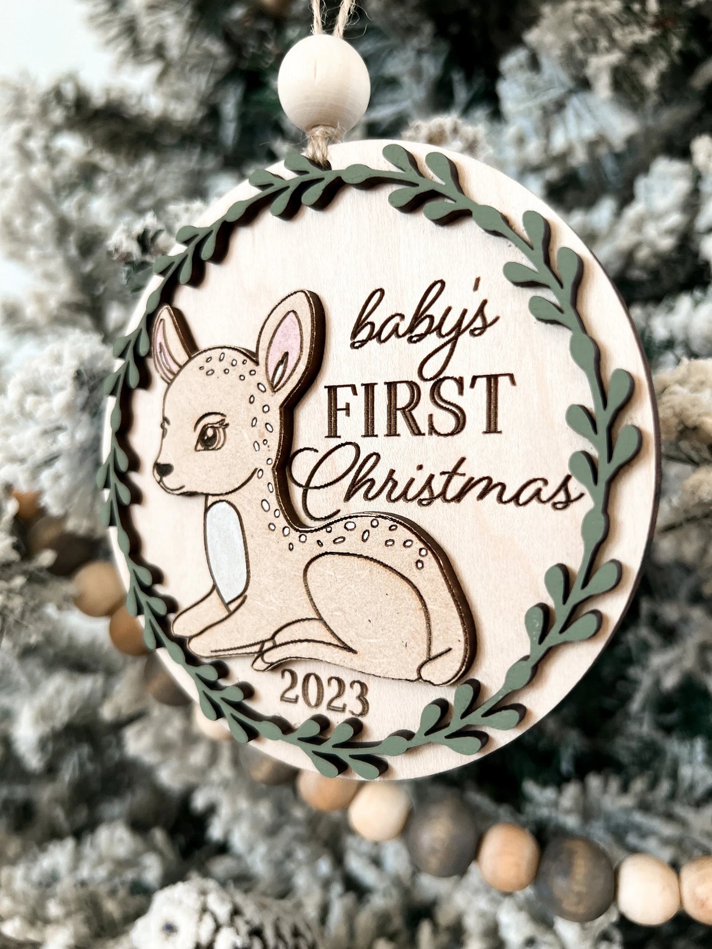 Cute Customizable Woodland Deer Baby's First Christmas Ornament Keepsake Laser Cut Digital File | Woodland Animal | Glowforge | Nursery