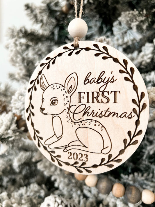 Cute Customizable Woodland Deer Baby's First Christmas Ornament Keepsake Laser Cut Digital File | Woodland Animal | Glowforge | Nursery