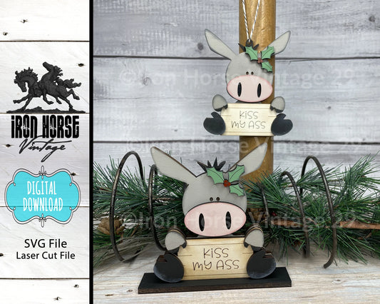 Sitting Donkey Christmas Ornament, Cute Donkey and Mistletoe, Donkey Shelf Sitter, Gift Tag, Farmhouse Style, SVG File, Digital Download