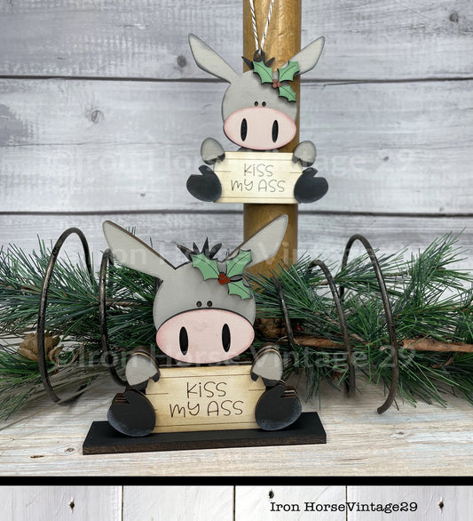 Sitting Donkey Christmas Ornament, Cute Donkey and Mistletoe, Donkey Shelf Sitter, Gift Tag, Farmhouse Style, SVG File, Digital Download
