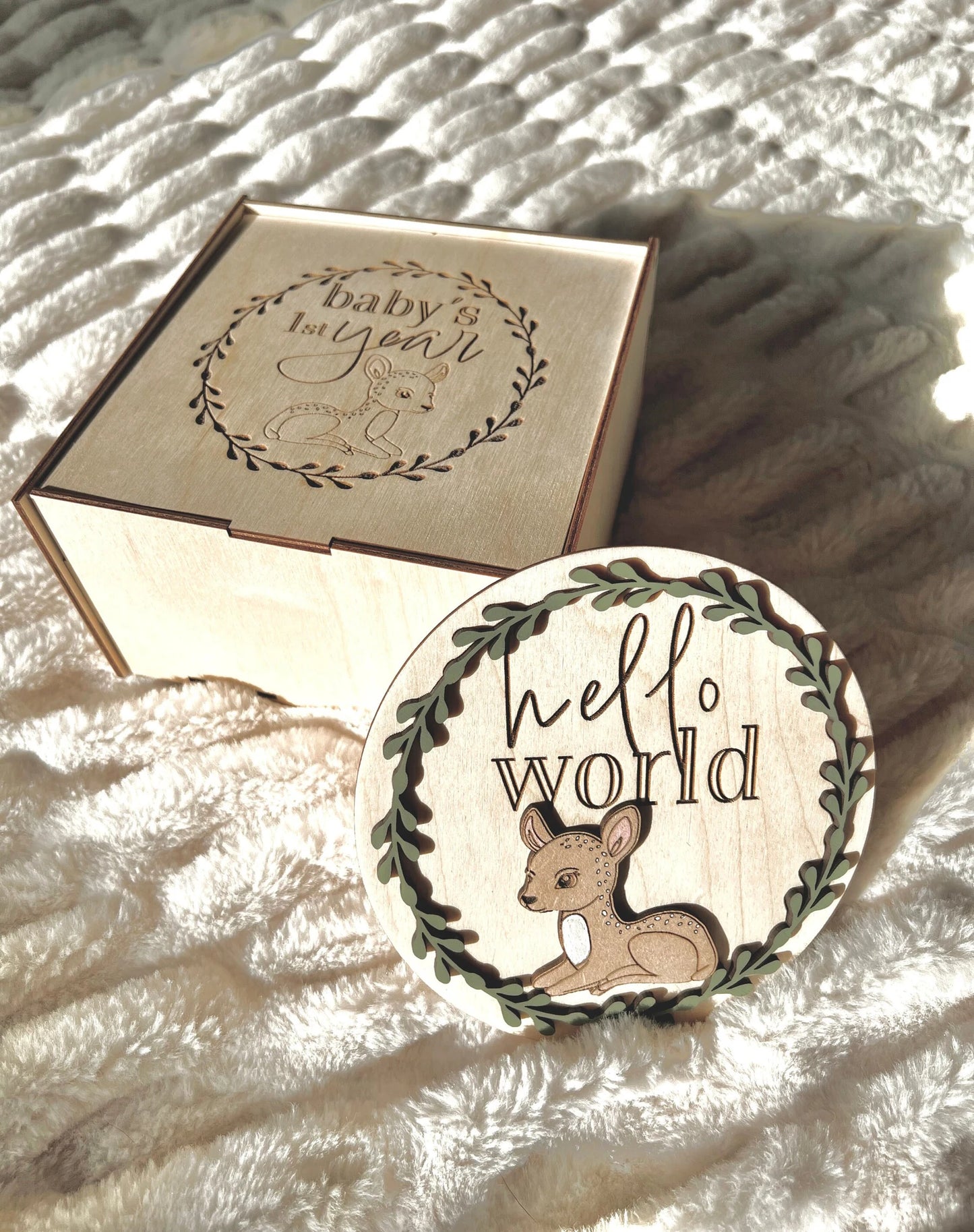 Cute Woodland Deer Baby Monthly Milestones Disc Rounds With Custom Box Laser Cut Digital File | Woodland Themed Nursery | Glowforge