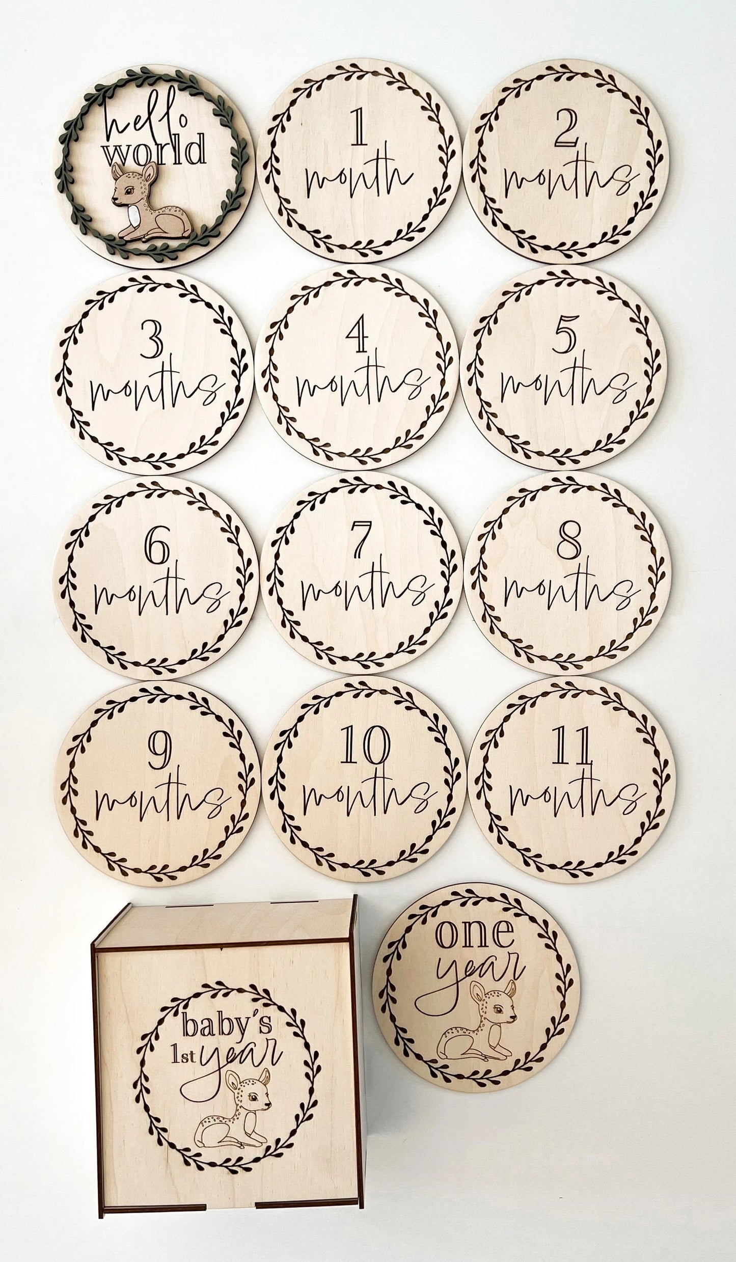 Cute Woodland Deer Baby Monthly Milestones Disc Rounds With Custom Box Laser Cut Digital File | Woodland Themed Nursery | Glowforge