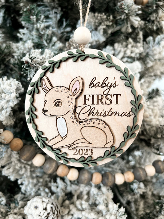 Cute Customizable Woodland Deer Baby's First Christmas Ornament Keepsake Laser Cut Digital File | Woodland Animal | Glowforge | Nursery