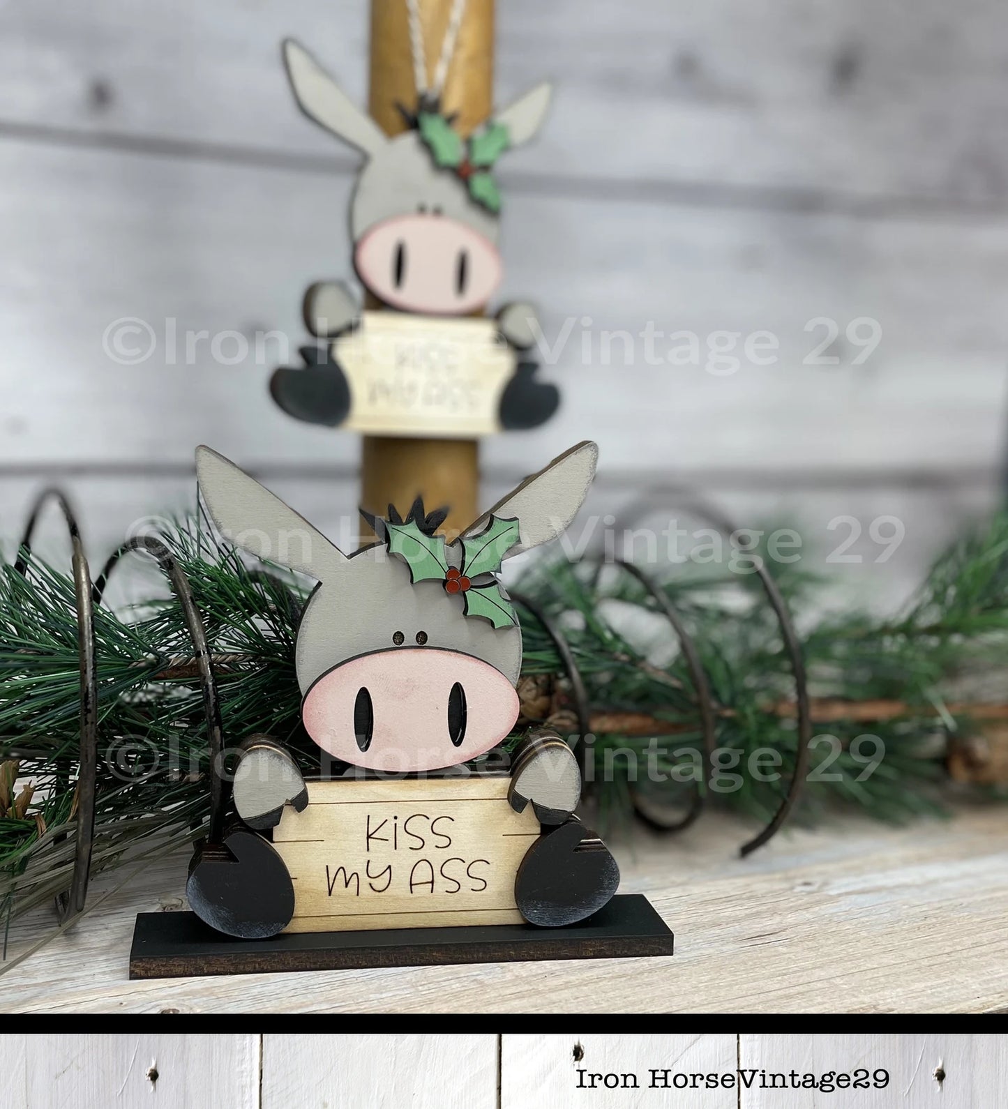 Sitting Donkey Christmas Ornament, Cute Donkey and Mistletoe, Donkey Shelf Sitter, Gift Tag, Farmhouse Style, SVG File, Digital Download